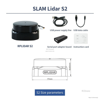 RPLIDAR S2 SLAM lidar kit with power/data cables, serial adapter board, and S2 size parameters