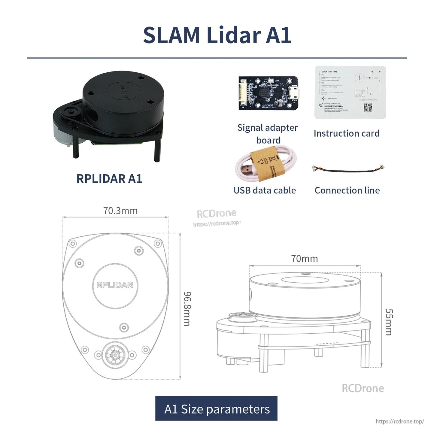 RPLIDAR A1 SLAM lidar kit contents and size drawing with dimensions (A1 size parameters)