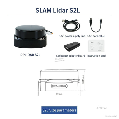 RPLIDAR S2L SLAM lidar kit with cables, serial port adapter board, instruction card, and S2L size drawing