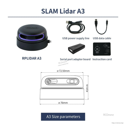 RPLIDAR A3 SLAM lidar kit with cables, serial adapter board, instruction card, and A3 size drawing
