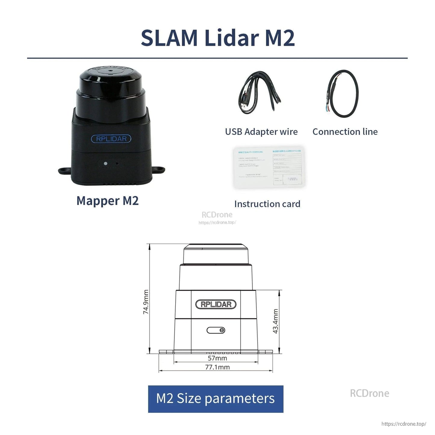 RPLIDAR Mapper M2 kit with USB adapter wire, connection line, instruction card, and M2 size drawing