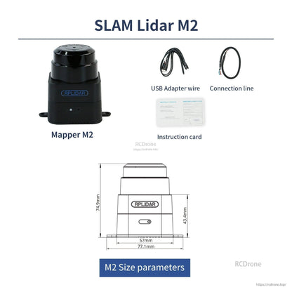 RPLIDAR Mapper M2 kit with USB adapter wire, connection line, instruction card, and M2 size drawing