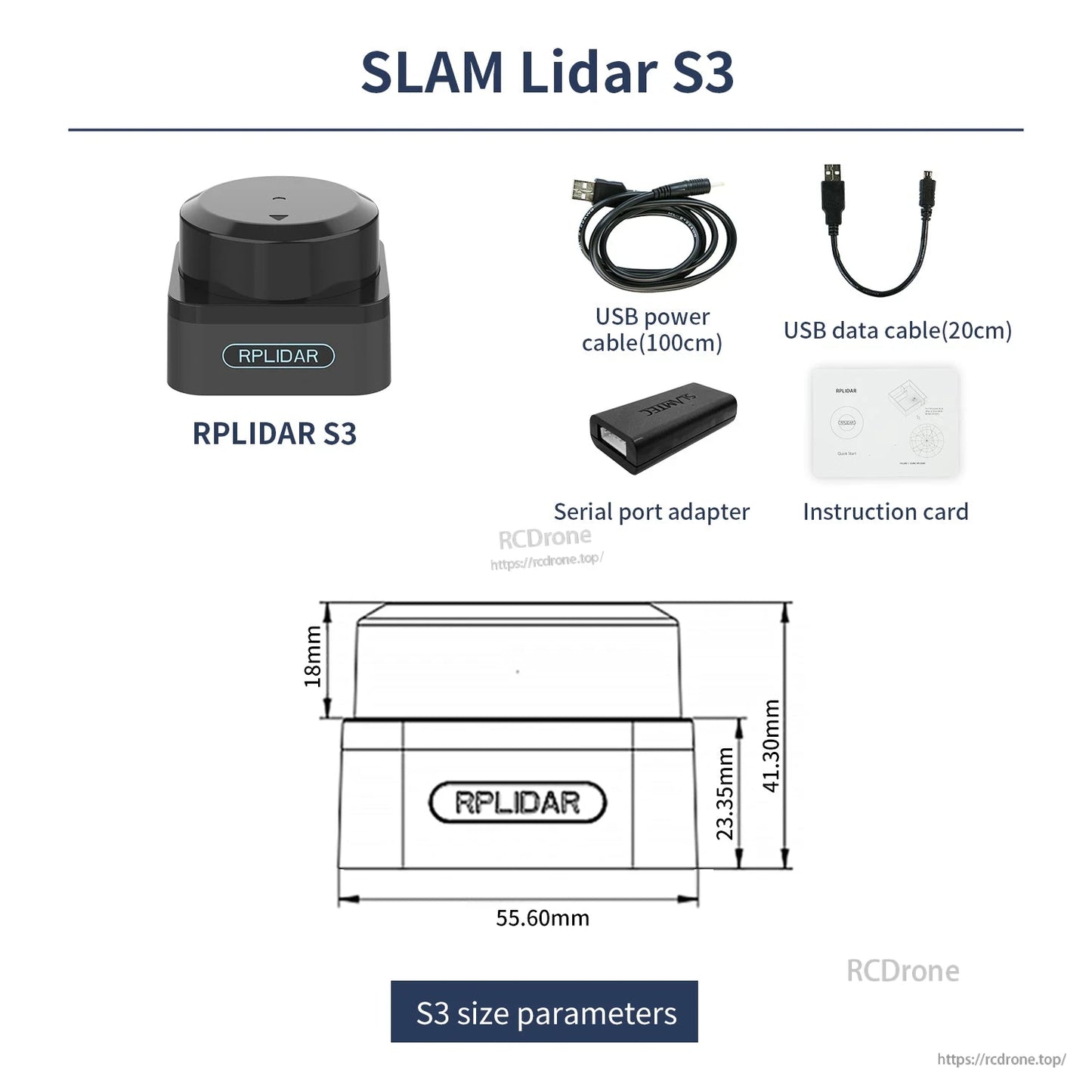 RPLIDAR S3 SLAM lidar kit with USB power/data cables, serial port adapter, and S3 size parameters