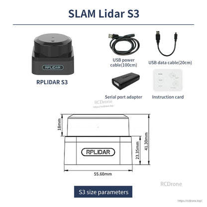 RPLIDAR S3 SLAM lidar kit with USB power/data cables, serial port adapter, and S3 size parameters
