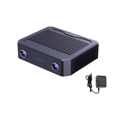 SLAMTEC Aurora S AI spatial perception system stereo vision module with power adapter, angled top view
