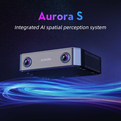 Aurora S integrated AI spatial perception system product render with headline text on dark background