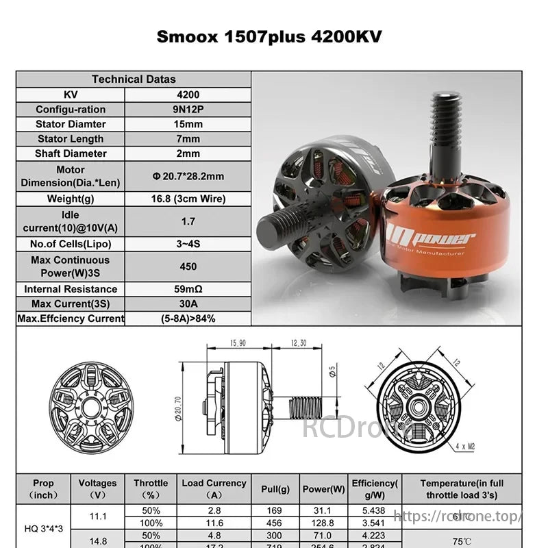 SmooX 1507 Brushless Motor, SmooX 1507plus 4200KV motor: 15mm stator, 7mm length, 2mm shaft, 16.8g weight, 450W power, efficient with HQ 3*4*3 props.