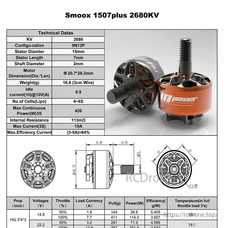 SmooX 1507 Brushless Motor, SmooX 1507plus motor: 2680KV, 15mm stator, 4-6S, 420W max, >84% efficiency, HQ prop performance.