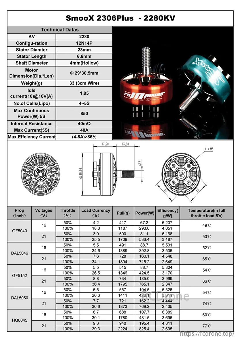 SmooX 2306 Plus Brushless Motor, SmooX 2306Plus-2280KV motor specs: 2280KV, 12N14P, 23mm diameter, 6.6mm length, 4mm shaft, 33g weight, 850W power, 40A current, >86% efficiency, with prop and voltage data.