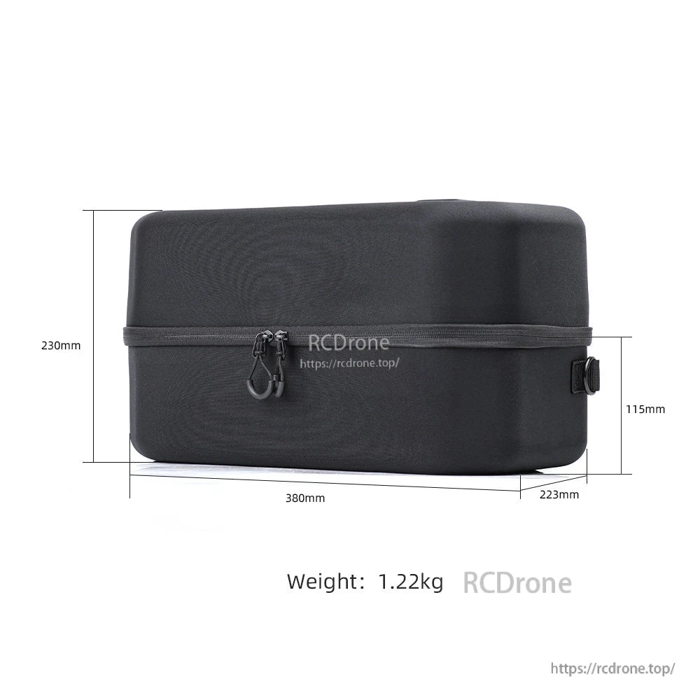 Case size diagram showing 380 x 230 x 223 mm and weight 1.22 kg for the storage bag