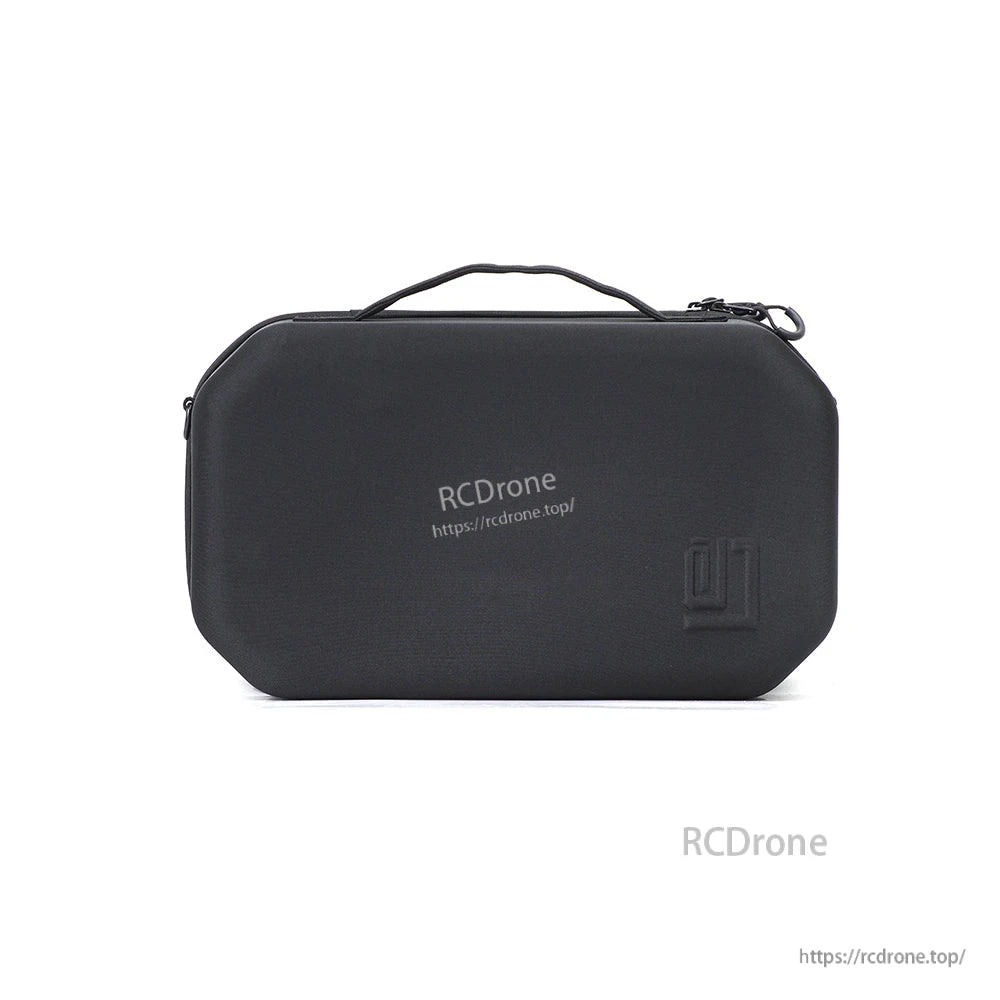 Front view of closed hard drone storage case with top carry handle and embossed corner logo