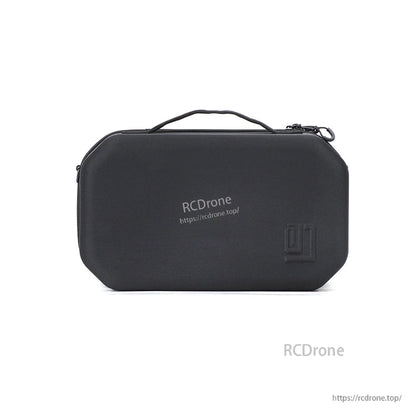 Front view of closed hard drone storage case with top carry handle and embossed corner logo