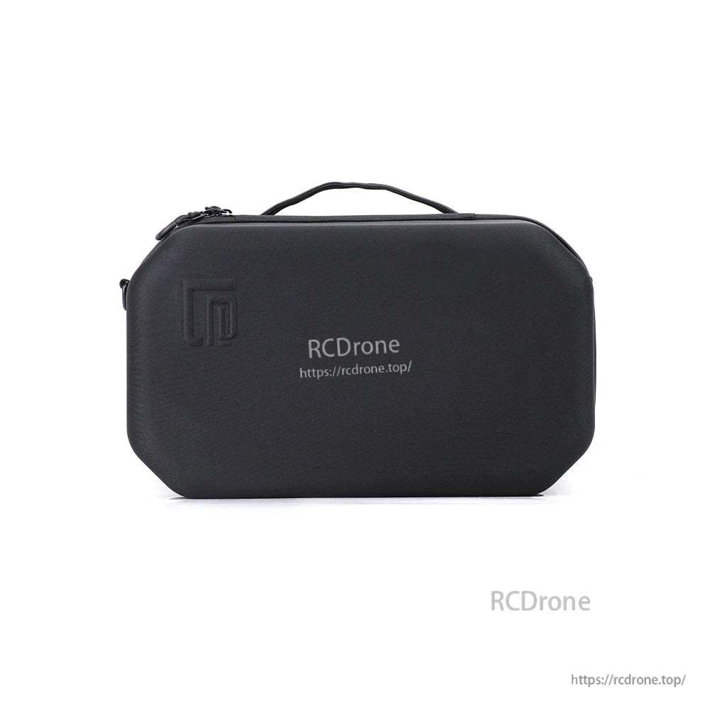 Closed case opposite side view with top handle and embossed logo mark on the left corner