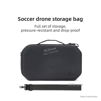 Soccer drone storage bag with top handle and detachable shoulder strap shown on white background