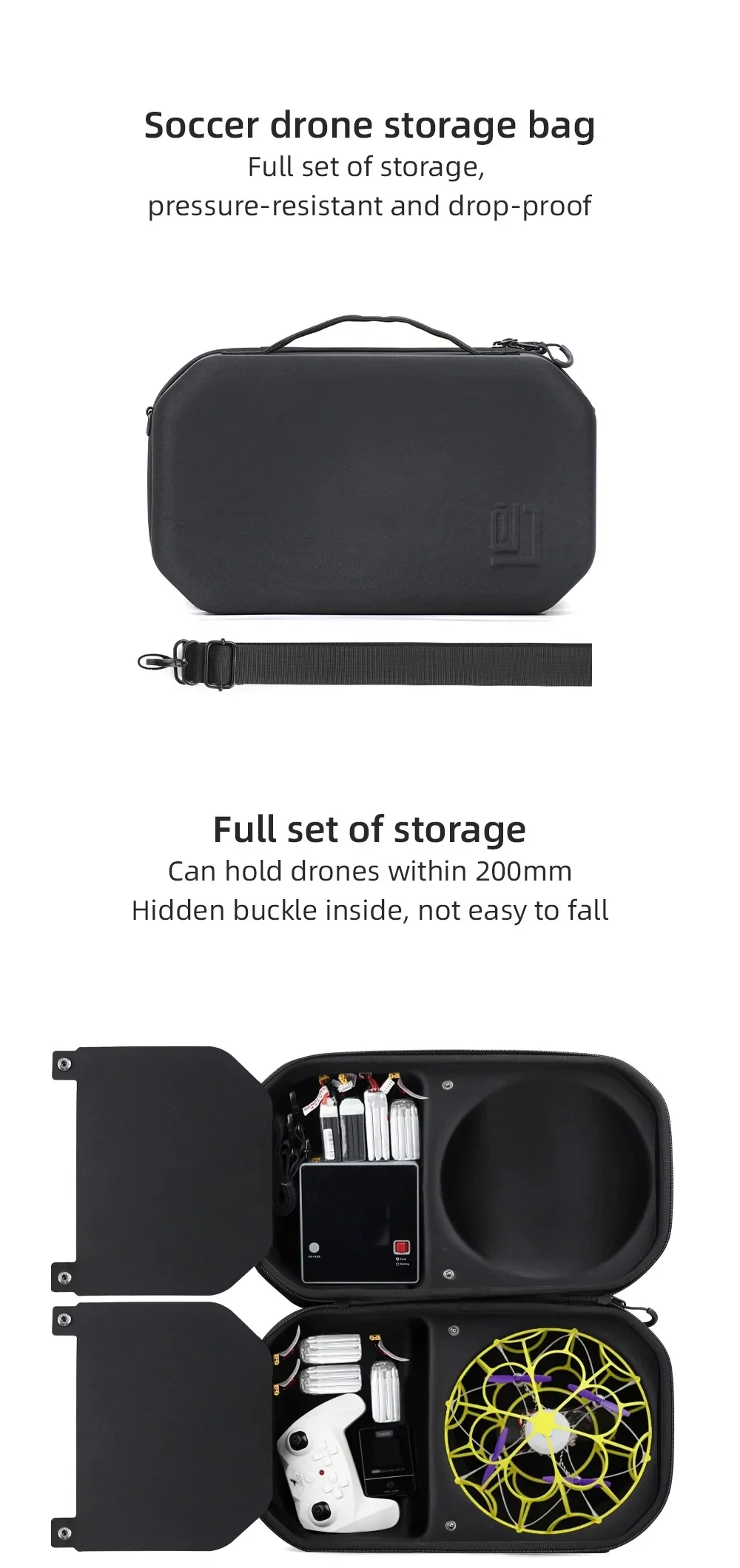 Soccer Drone Storage Bag with shoulder strap, hard protective case and full set interior storage layout