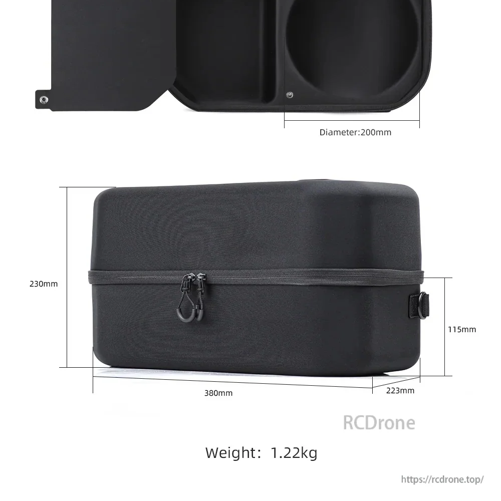 Soccer drone storage bag dimensions and weight chart: 380×230×223 mm, side 115 mm, weight 1.22 kg