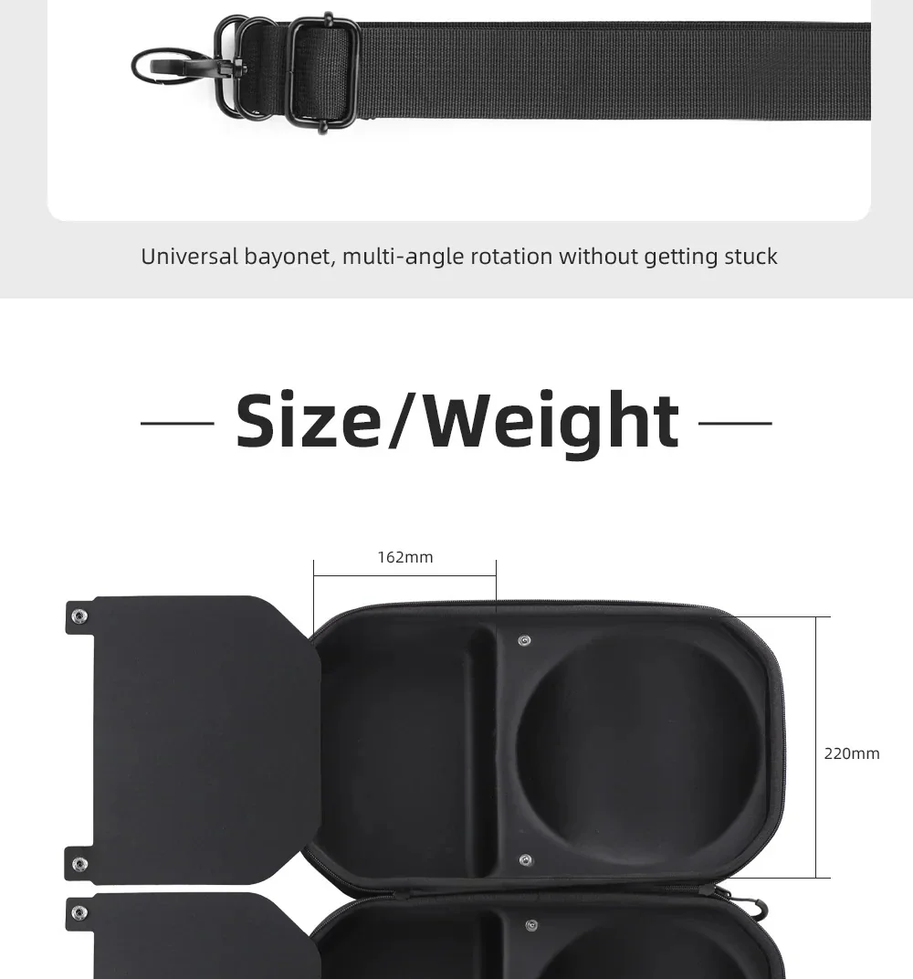 Interior size reference for the storage case, with compartment measurements marked at 162 mm and 220 mm