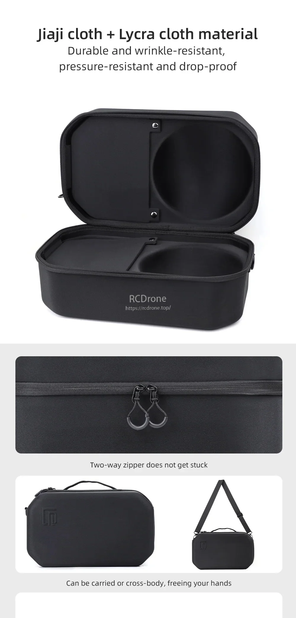 Open hard case interior with molded compartments, Jiaji cloth + Lycra cloth exterior, and two-way zipper pulls