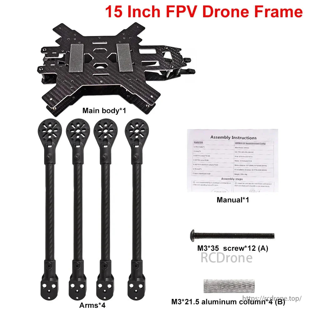 A 15-inch FPV drone frame kit contains the main body, four arms, instructions, M3x35 screws, and M3x21.5 aluminum columns for easy assembly.