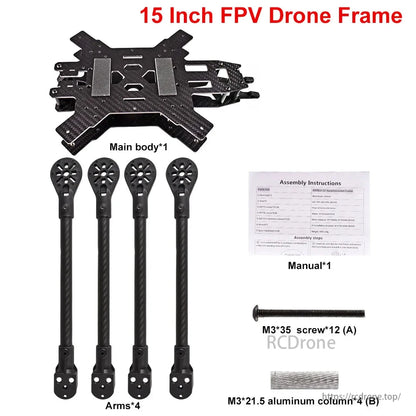 A 15-inch FPV drone frame kit contains the main body, four arms, instructions, M3x35 screws, and M3x21.5 aluminum columns for easy assembly.