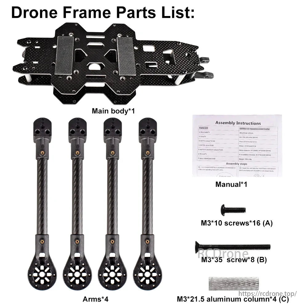 The drone frame parts list includes the main body, arms, manual, M3 screws (16x10mm, 8x35mm), and aluminum columns for assembling a carbon fiber FPV drone with landing gear.