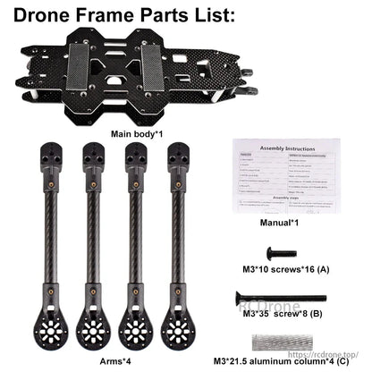 The drone frame parts list includes the main body, arms, manual, M3 screws (16x10mm, 8x35mm), and aluminum columns for assembling a carbon fiber FPV drone with landing gear.