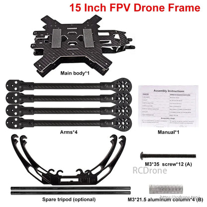 A 15-inch FPV drone frame kit contains the main body, arms, manual, screws, spare tripod, and aluminum columns, all clearly labeled.
