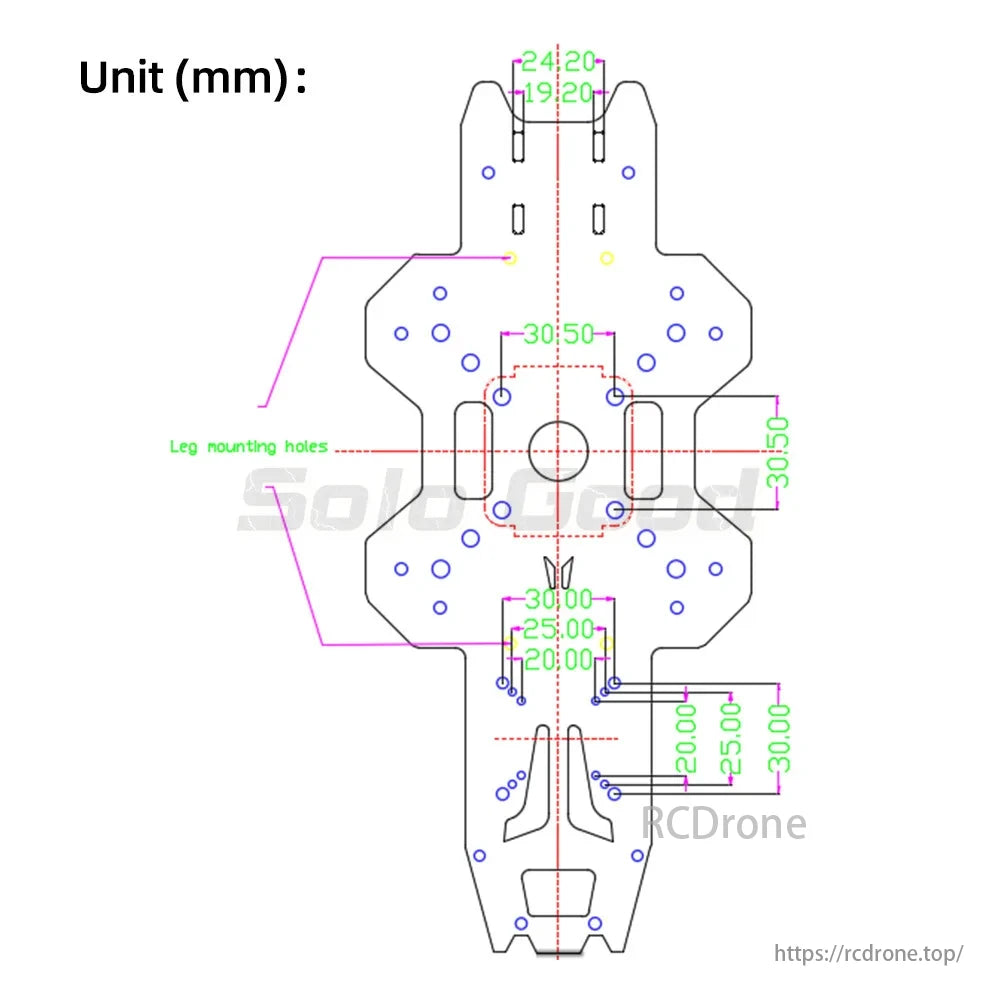 Product dimensions and leg mounting hole specifications for SoloGood Carbon Fiber FPV Drone.