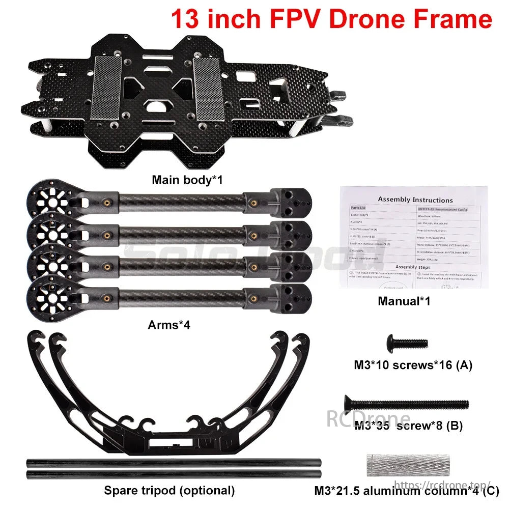 SoloGood Carbon Fiber FPV Drone, The 13-inch FPV drone frame kit comprises a main body, four arms, spare tripod, instructions, screws, with labeled components for easy assembly.