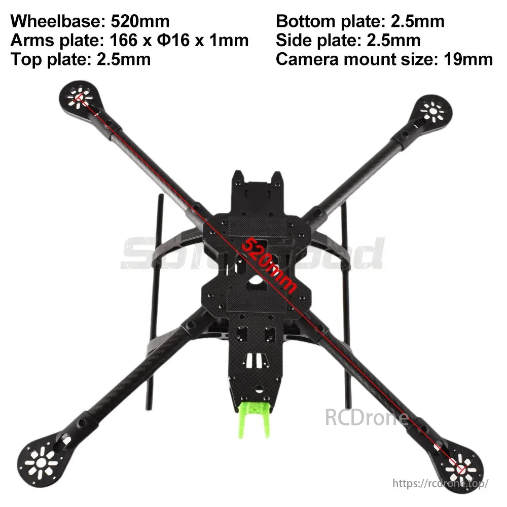 SoloGood Carbon Fiber FPV Drone specs: 520mm wheelbase, 166 x Φ16 x 1mm arms plate, 2.5mm top/bottom/side plates, 19mm camera mount.