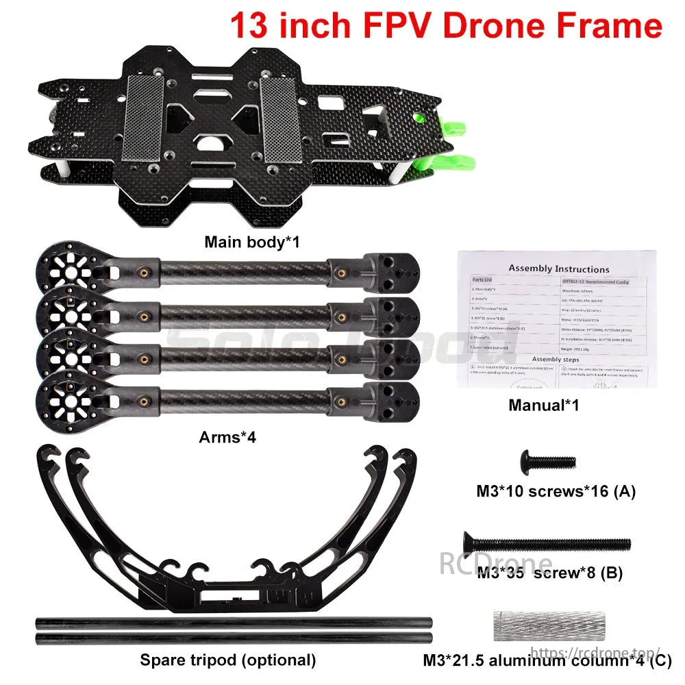 SoloGood Carbon Fiber FPV Drone, A 13-inch FPV drone frame kit contains the main body, four arms, a spare tripod, instructions, and various screws.
