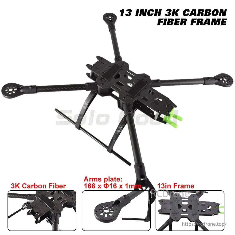 SoloGood Carbon Fiber FPV Drone, 13-inch 3K carbon fiber frame with arms plate dimensions 166 x Φ16 x 1mm offers strength and lightweight advantages.