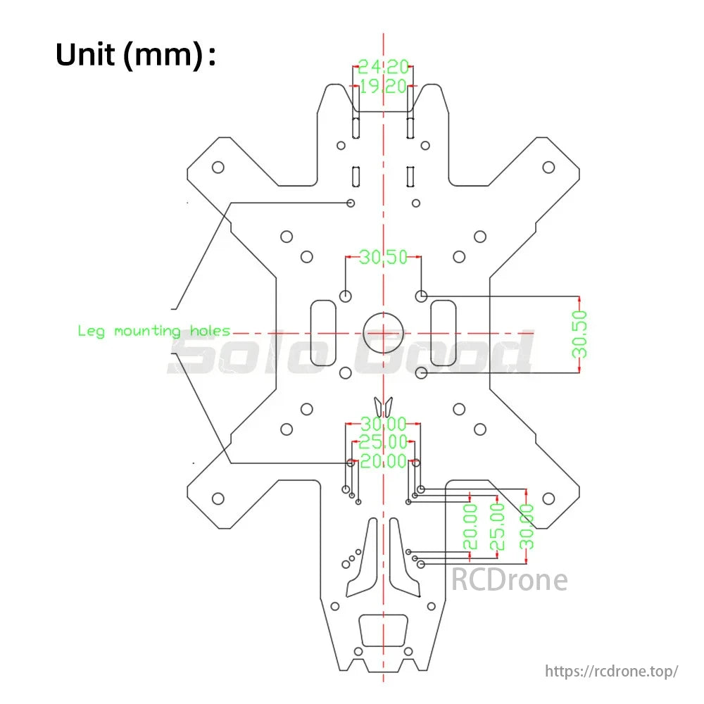 SoloGood Carbon Fiber FPV Drone with dimensions, leg mounting holes, and structural measurements in millimeters.