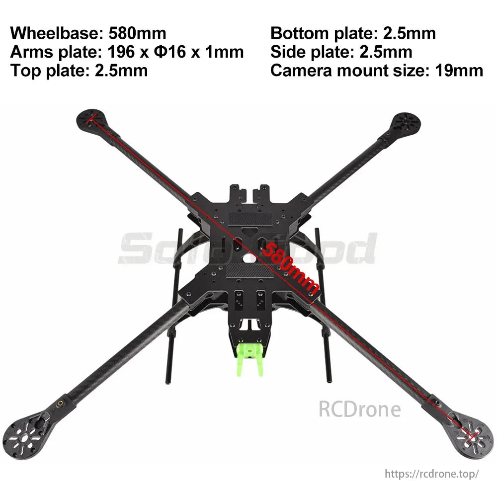 SoloGood Carbon Fiber FPV Drone features a 580mm wheelbase, various plates (196 x Φ16 x 1mm, 2.5mm), and a 19mm camera mount.