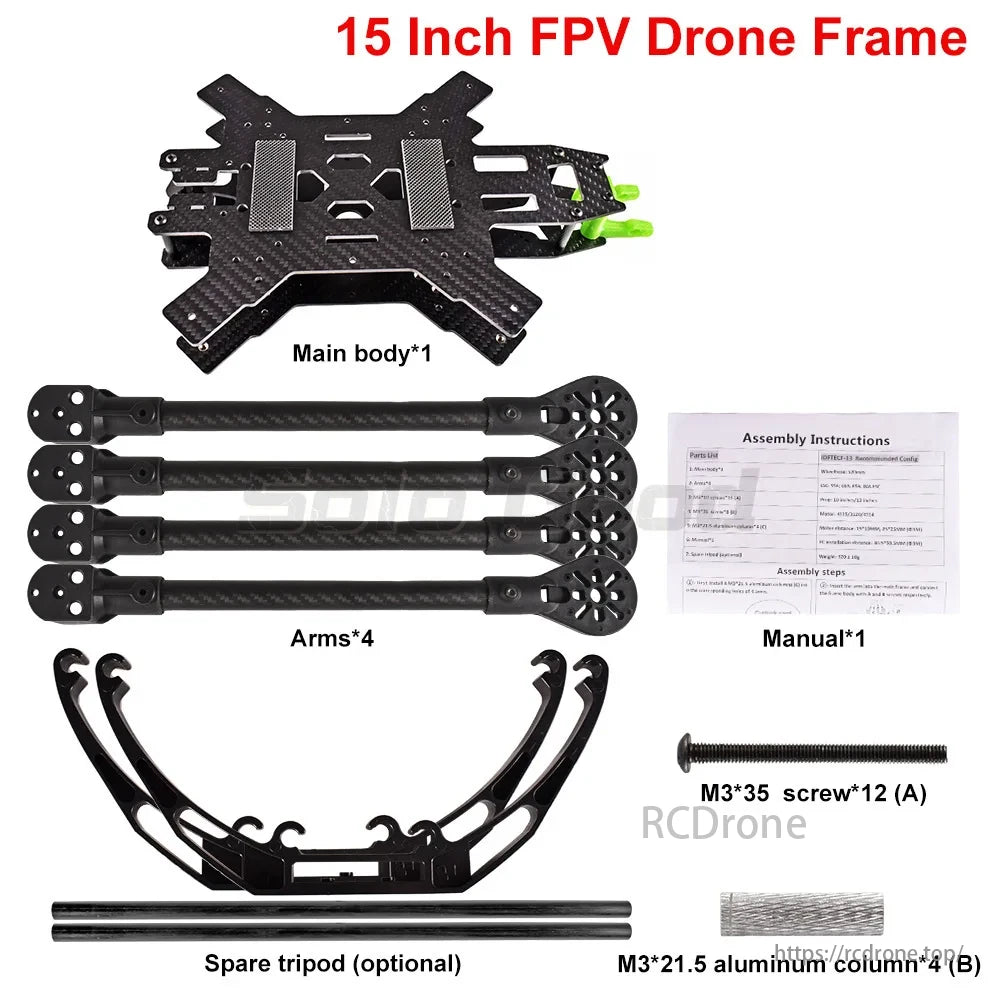 SoloGood Carbon Fiber FPV Drone, The 15-inch FPV drone frame kit comprises a main body, four arms, an assembly guide, screws, a spare tripod, and labeled aluminum columns for easy construction.
