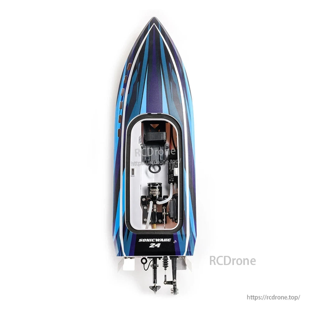 Sonicwake 24 RC Boat, The boat design features self-righting recovery and a breakaway rudder for safe operation on lakes and ponds.