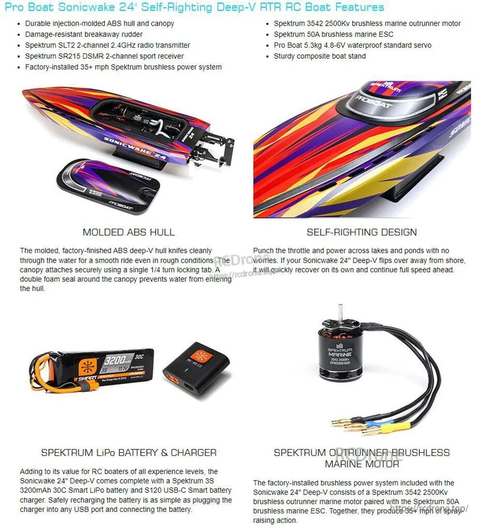 Sonicwake 24 RC Boat RTR Brushless Deep-V, Self-Righting, 3S 3200mAh 30C Battery & Charger, Spektrum SLT2, PRB-1992T1/T2.