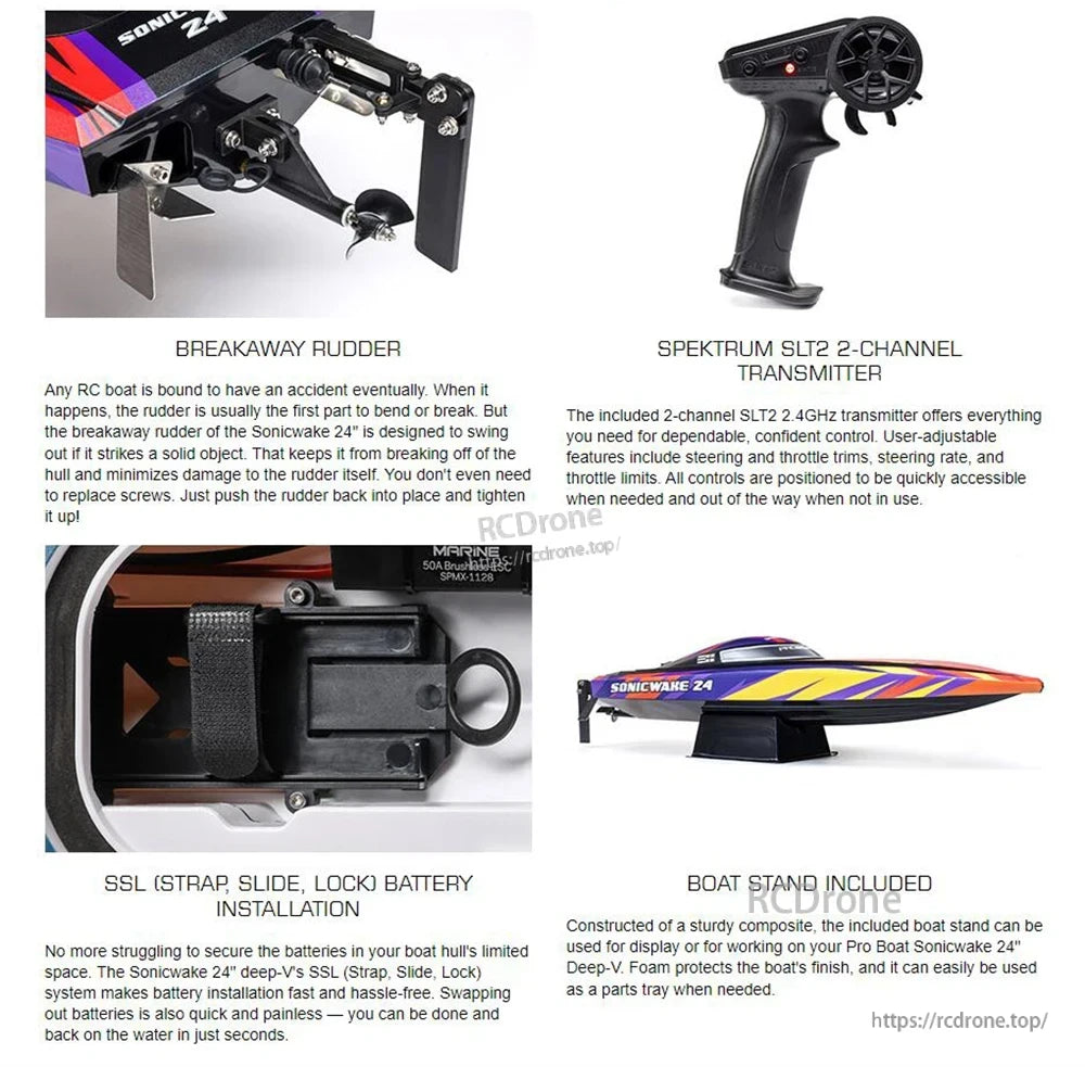 Sonicwake 24 RC boat features breakaway rudder, Spektrum transmitter, SSL battery system, and stand. Designed for durability, easy battery access, storage, and reliable control. (24 words)