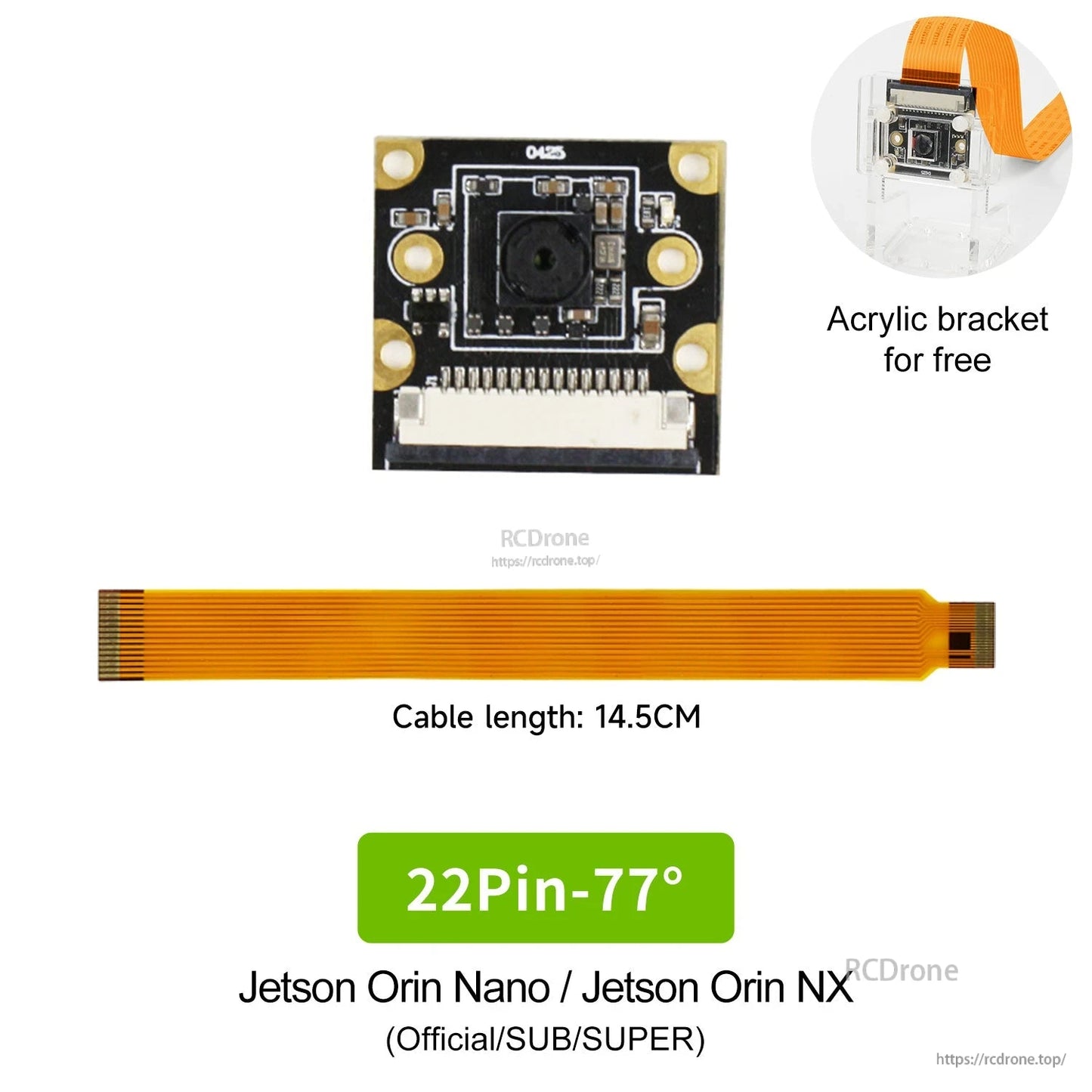 22-pin 77° camera kit, 14.5 cm flex cable and acrylic bracket, compatibility note shows Official/SUB/SUPER