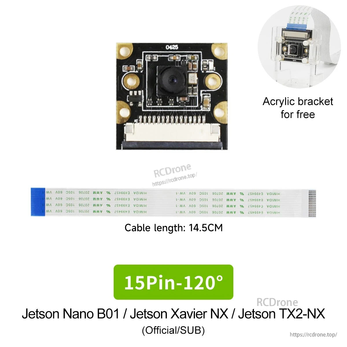 15-pin 120° camera kit contents: module, 14.5 cm ribbon cable, and acrylic bracket (Jetson Nano/Xavier NX/TX2-NX)