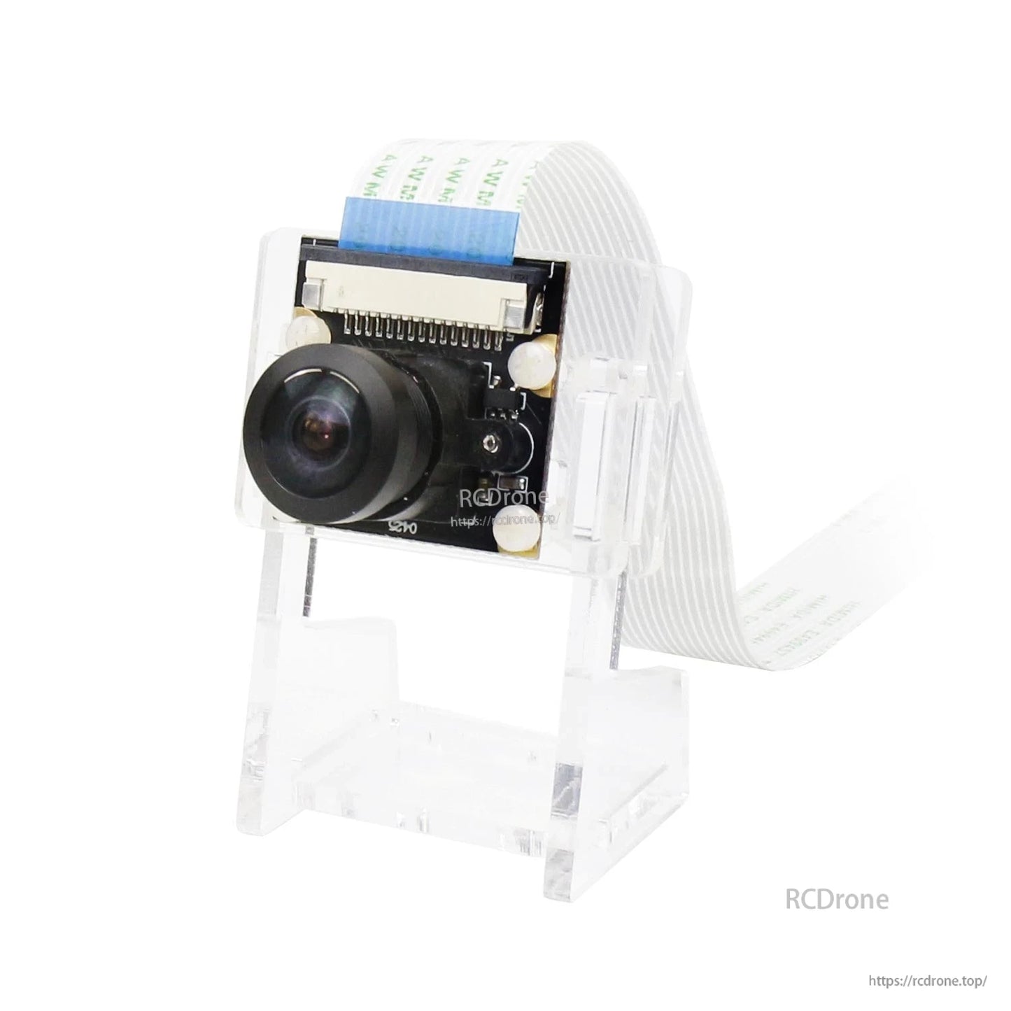 Camera module with wide-angle lens mounted on clear acrylic stand, ribbon cable connected at top