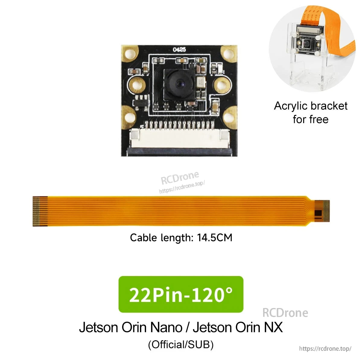 22-pin 120° camera kit with orange flex cable (14.5 cm) and acrylic bracket, labeled for Jetson Orin Nano/Orin NX