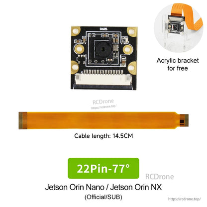 22-pin 77° camera kit with orange flex cable (14.5 cm) and acrylic bracket, labeled for Jetson Orin Nano/Orin NX