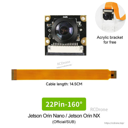22-pin 160° wide-angle camera kit with orange flex cable (14.5 cm) and acrylic bracket, labeled for Jetson Orin Nano/Orin NX