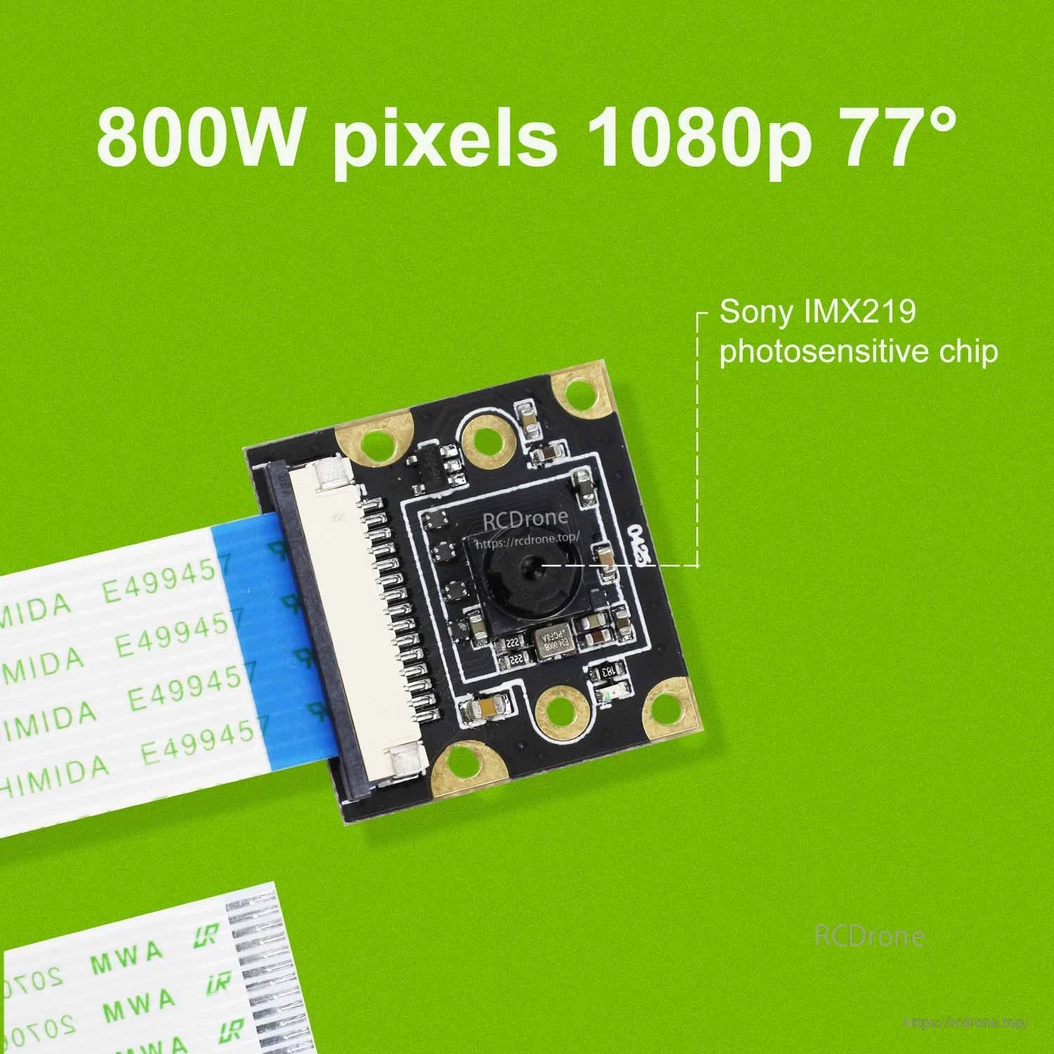 IMX219 camera module close-up with 15-pin CSI ribbon cable attached, labeled 1080p 77° on green background