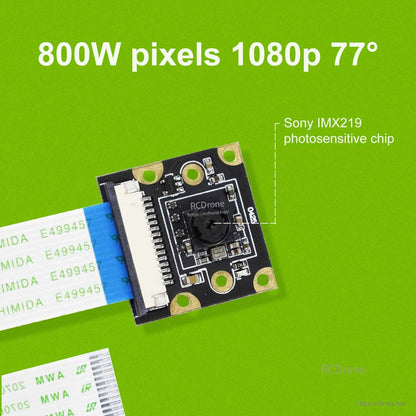 IMX219 camera module close-up with 15-pin CSI ribbon cable attached, labeled 1080p 77° on green background
