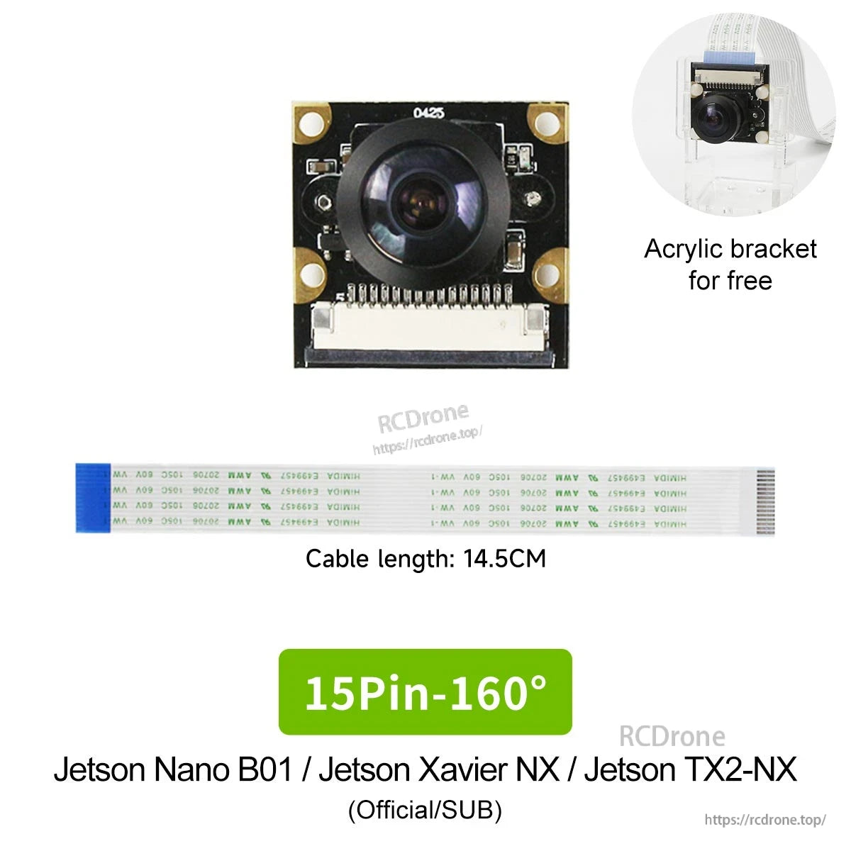 15-pin 160° wide-angle camera kit contents: module, 14.5 cm ribbon cable, and acrylic bracket (Jetson Nano/Xavier NX/TX2-NX)