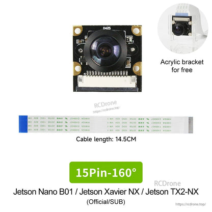 15-pin 160° wide-angle camera kit contents: module, 14.5 cm ribbon cable, and acrylic bracket (Jetson Nano/Xavier NX/TX2-NX)