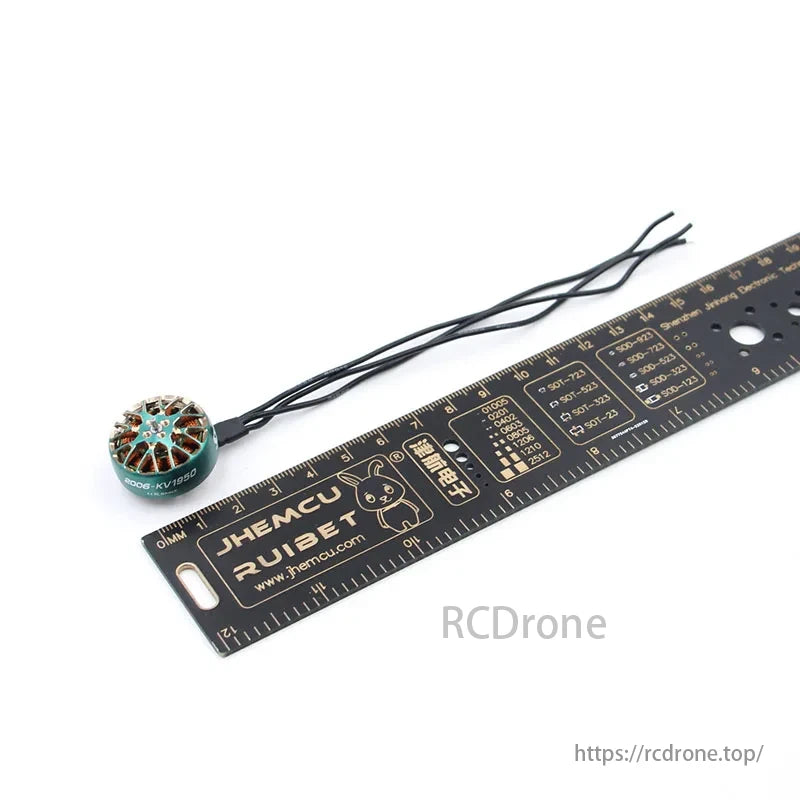 SparkHobby XSpeed Cinewhoop motor with wires, shown with a "JHEMCU RUIBET" ruler for size reference.