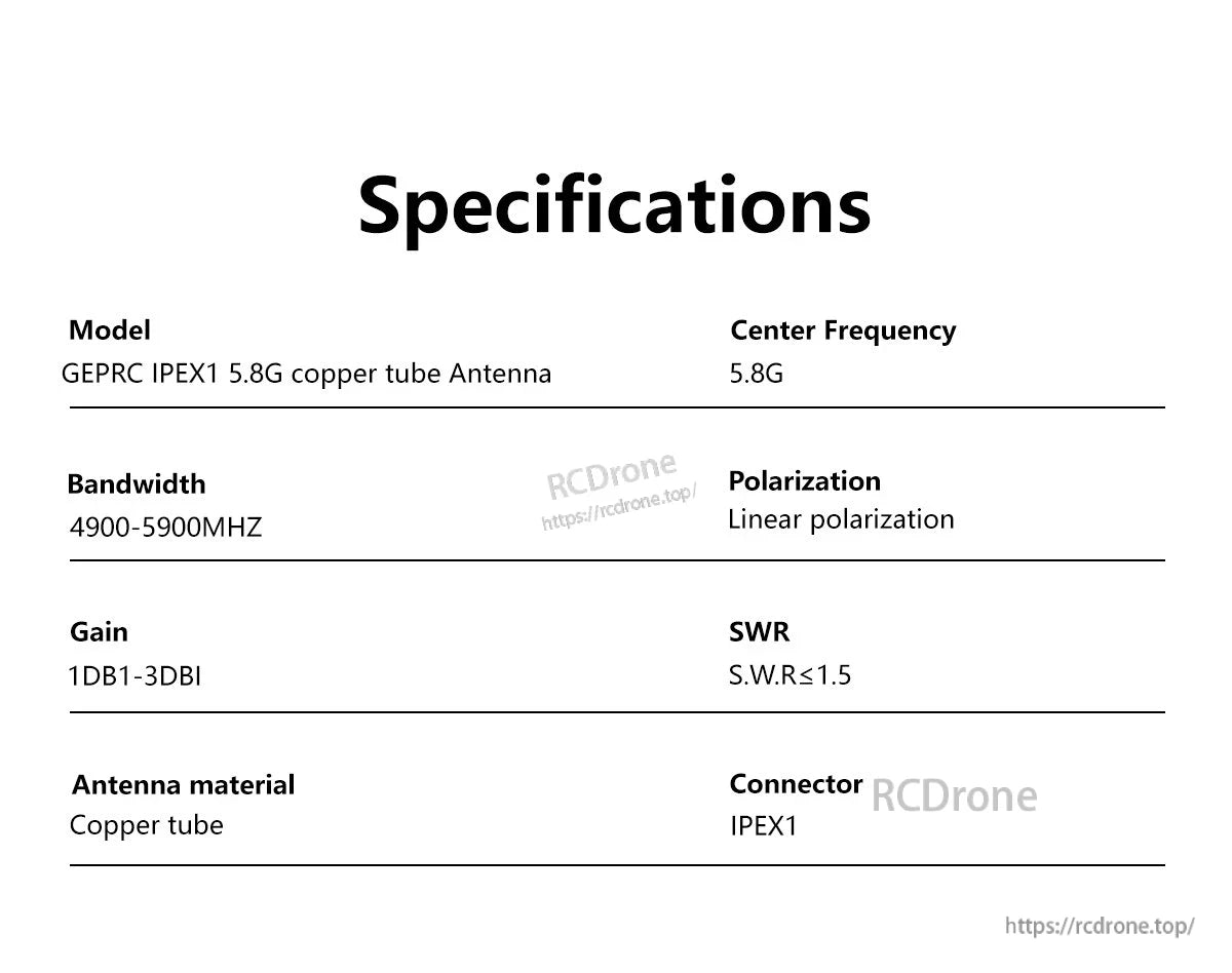 Specifications table for GEPRC IPEX1 5.8G copper tube antenna with 4900–5900MHz bandwidth and IPEX1 connector